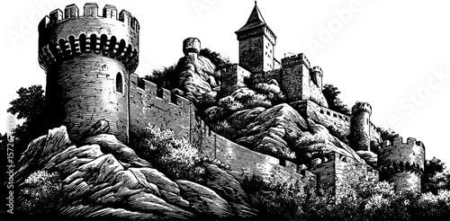 Vintage castle sketch: detailed black and white hand drawn engraving for retro design projects