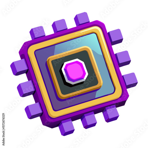 Purple processor chip with golden accents and pink gem computer technology