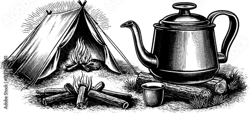 Vintage camping scene with tent, campfire, and teapot in black and white sketching style