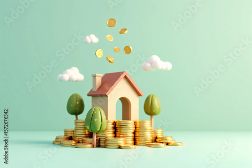 Real estate investment illustration with house on golden coin stacks, flying coins and money trees on teal background, symbolizing financial growth, passive income, savings and homeownership potential