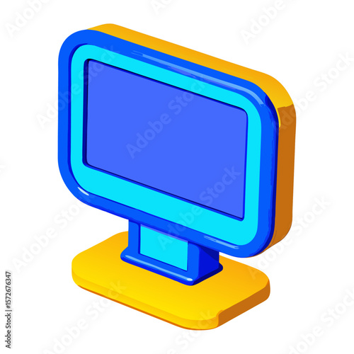 Retro computer monitor with blue screen and yellow base vintage computer retro technology