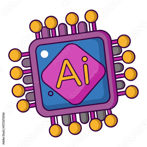 Stylized A I chip with yellow pins and purple casing AI chip artificial intelligence