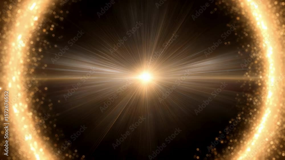 Luminous circular energy field radiates light and particles in a cosmic setting. The glowing halo creates a mesmerizing focal point, evoking themes of energy and infinity