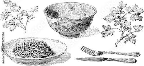 Vintage culinary elements: hand drawn engraving of tableware and herb design