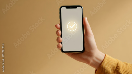 Wallpaper Mural Hand holding smartphone with a checkmark, symbolizing approval or success. Torontodigital.ca