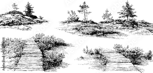 Vintage black and white engraving illustration of peat landscapes for design and decoration