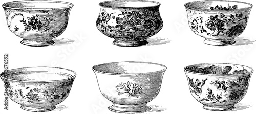 Vintage black and white set of persian bowl engravings for retro design