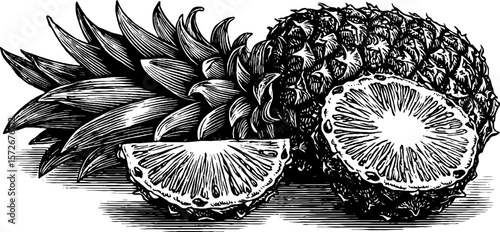Vintage pineapple engraving: detailed black and white sketch for retro designs