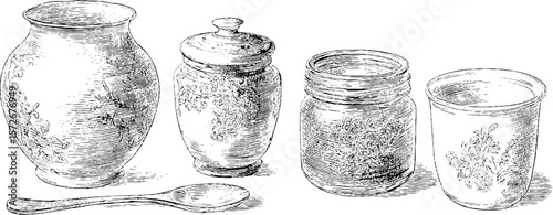 Vintage engraving of porcelain and pottery set with spoon in black and white
