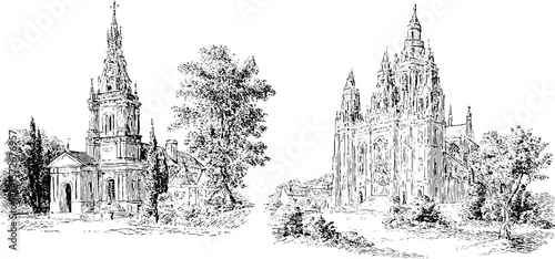 Vintage architectural sketch of church buildings in black and white engraving style for retro design