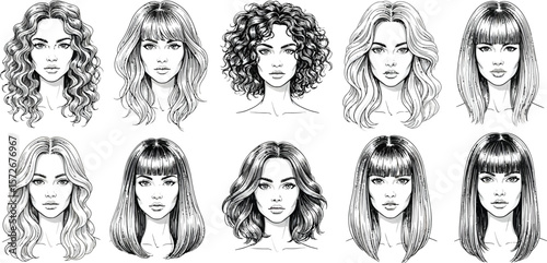 Collection of diverse female hairstyles and portrait sketches in black and white