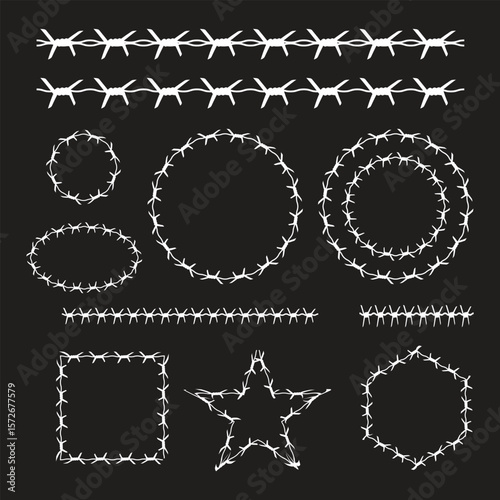 Barbed wire collection silhouette vector. Barbed wire metallic border elements, barb wire set, barb wire icon. Barbed wire fence on the border silhouette