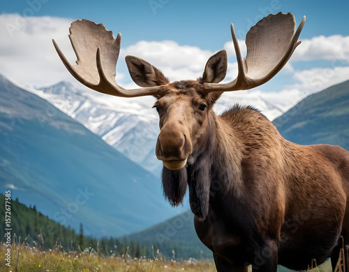 Moose Against the Backdrop of Mountains with blue sky. A natural background.