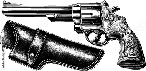 Vintage revolver and leather holster illustration for design and decor