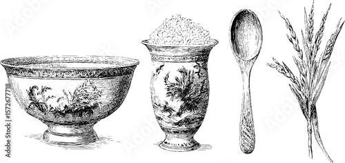 Vintage rice-themed engravings set with bowls, spoon, and rice plant illustration