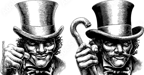 Vintage engraving of man with top hat and cane - retro hand drawn style illustration