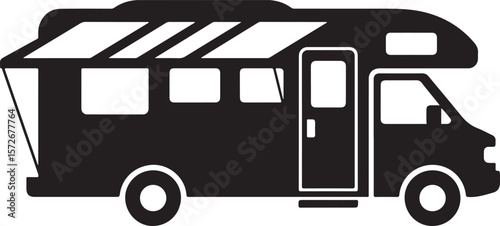 Camper Van with Awning Silhouette Vector, Travel and Outdoor Adventure Icon for Camping