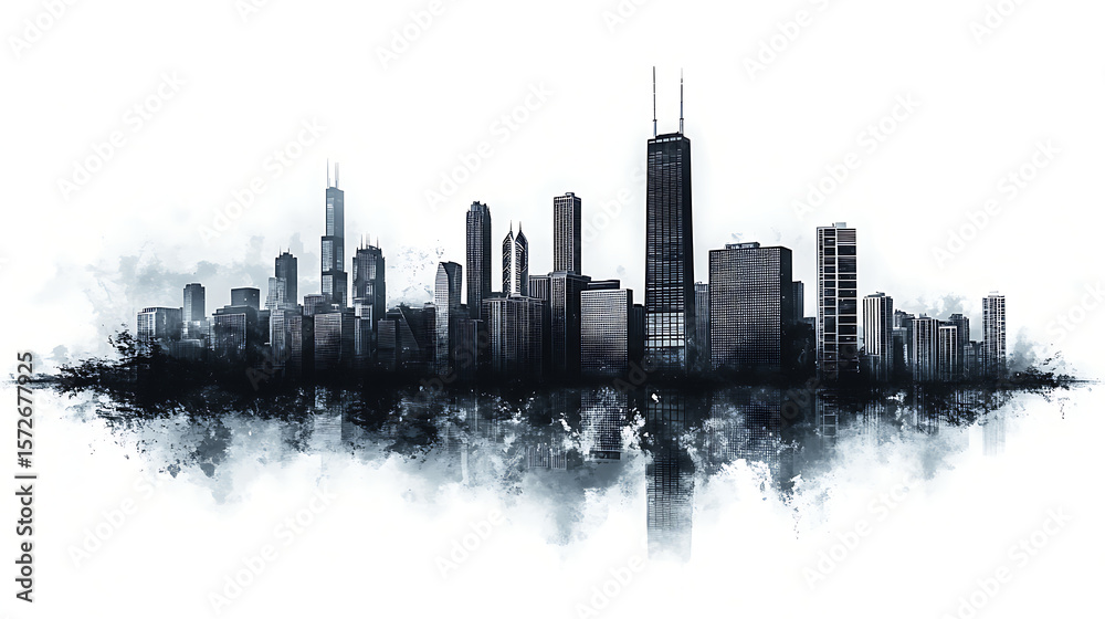 Naklejka premium Chicago Skyline with Grit and Reflection – Rough-edged urban silhouette mirrored below in a dark minimalist composition