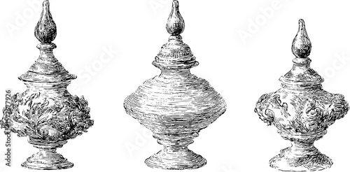 Elegant antique apothecary jars in vintage black and white engraving for retro design