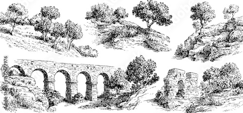 Vintage roman scenery sketches: hand drawn engravings of landscapes and ruins