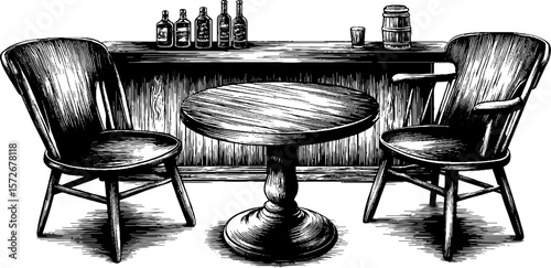Vintage rustic bar with wooden furniture and bottles - hand drawn engraving illustration