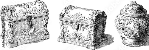 Ornate floral chests and vase vintage engraving for art and design