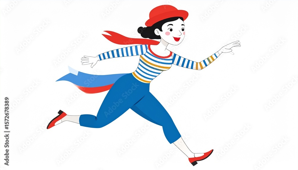 Obraz premium A cartoon illustration of a woman running with a scarf and hat.