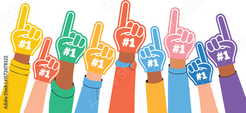 Diverse Hands Holding Up Colorful Foam Fingers with Number One, Symbolizing Team Spirit, Victory, and Enthusiastic Support at Sporting Events or Celebrations