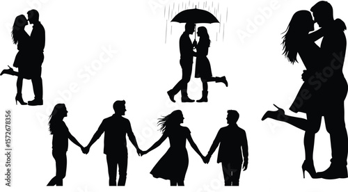Silhouettes of couples in various romantic poses on a white background