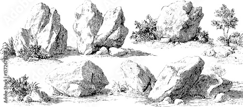 Vintage hand drawn engraving illustration of rocks and shrubs set