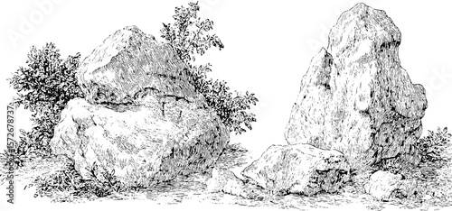 Vintage engraving of rock formations with natural landscape elements for artistic design