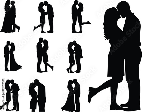 Collection of diverse couple silhouettes in romantic poses and embraces