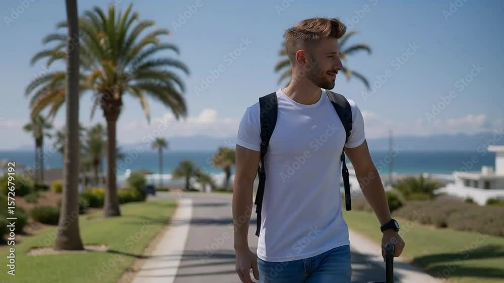 Un joven viajero con una maleta camina por un pintoresco paseo. La camara le sigue al caminar.