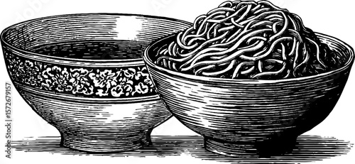 Vintage black and white engraving of ceramic bowls with noodles for retro kitchen decor