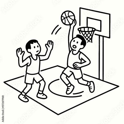 Basketball action line art of two players trying to score point