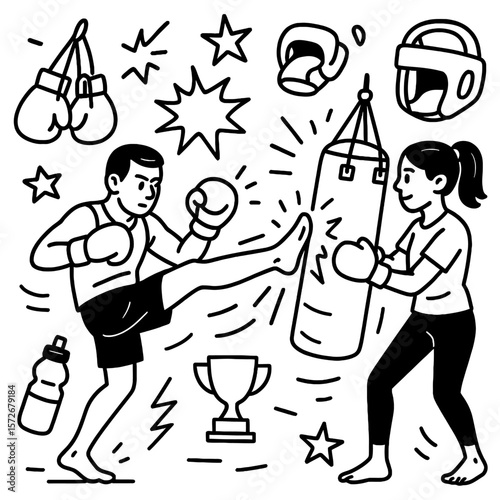 Boxing Gym Training Duo with Punching Bag and Sparring Gear
