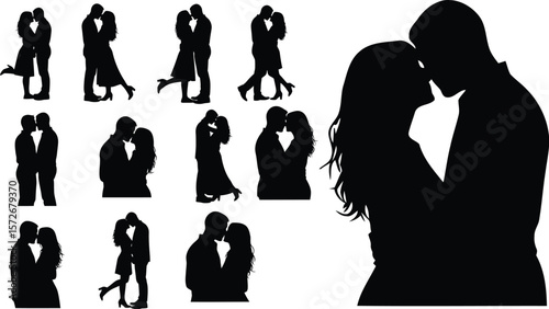 Collection of romantic couple silhouettes in various loving poses and kisses