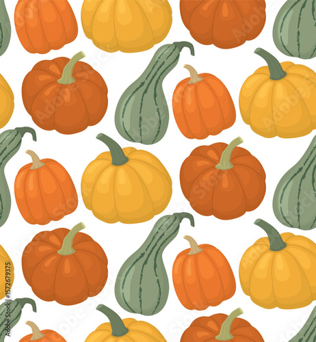 Seamless background with colorful ripe pumpkins. Thanksgiving pattern with autumn vegetables 