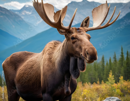 Moose Against the Backdrop of Mountains with blue sky. A natural background. moose in the woods.