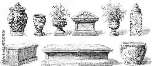 Vintage black and white hand drawn tomb and urn illustration set for retro design