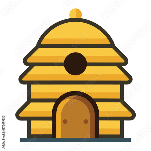 A simple beehive with an entrance, symbolizing nature, teamwork, and a busy, organized community.