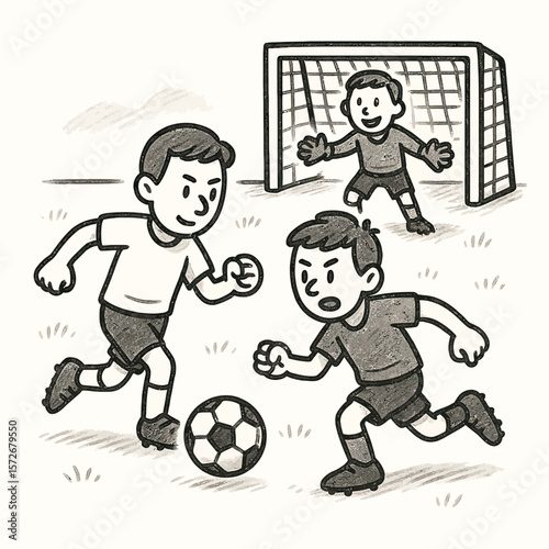Youth Soccer Game: Young Players in Action with Goalie in Net