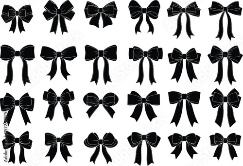 Collection of various black bow tie shapes and styles on a white background