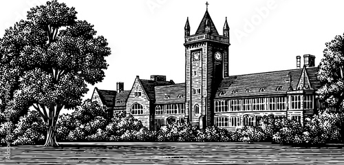 Vintage university building illustration - retro architectural engraving scene