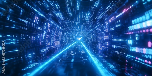 Digital tunnel with glowing lines and check mark sign