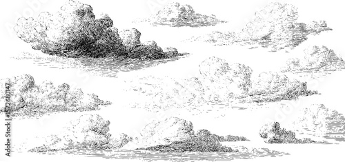 Vintage cloud sketch set in black and white: retro hand drawn engravings for design
