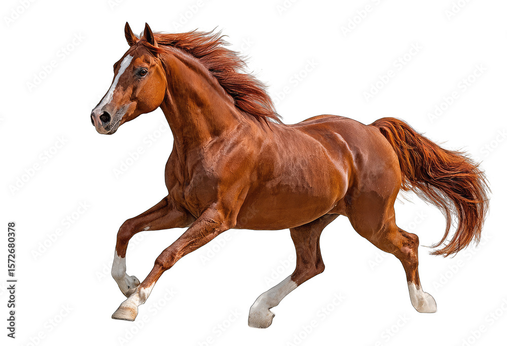 Obraz premium Full shot of a reddish-brown horse in motion. Mane and tail flowing. White markings