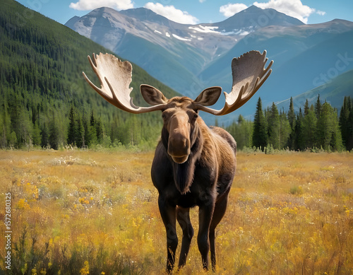 Moose Against the Backdrop of Mountains with blue sky. A natural background. bull elk in the mountains.