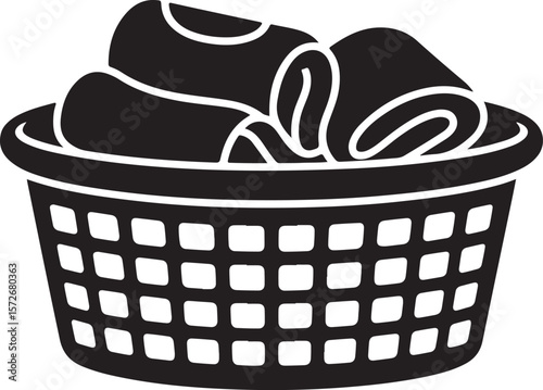 Laundry Basket with Rolled Clothes Silhouette Vector, Home Organization and Cleaning Icon