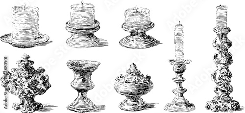 Vintage candle holders collection: hand drawn black and white engravings for retro decor design